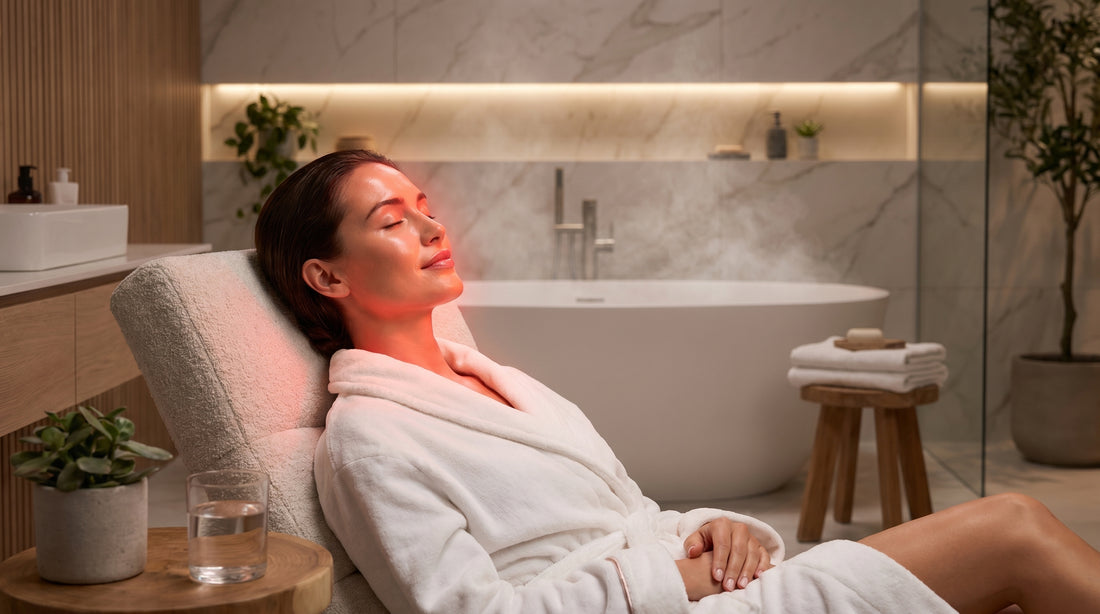 Masque LED visage à lumière rouge posé sur le visage — luminothérapie à domicile, Lumi Masque Skinova