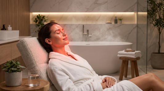 Masque LED visage à lumière rouge posé sur le visage — luminothérapie à domicile, Lumi Masque Skinova
